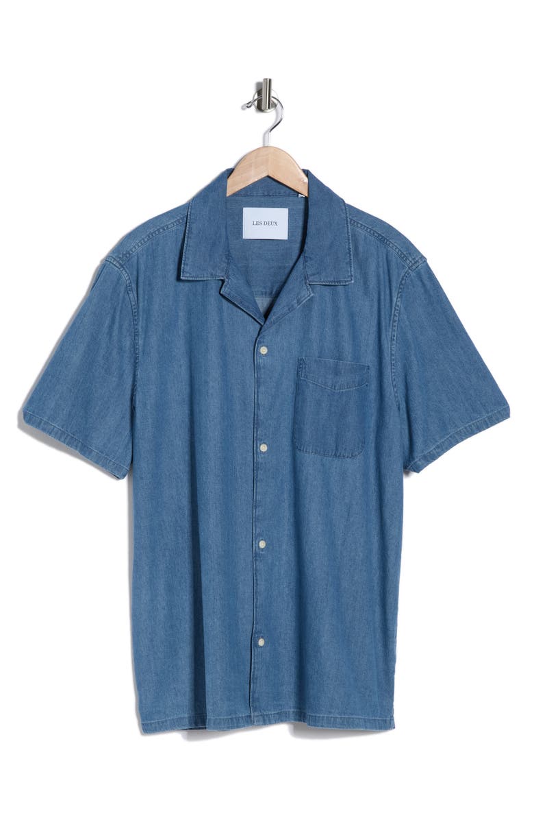 Les Deux Klark Denim Camp Shirt, Main, color, Medium Blue Wash