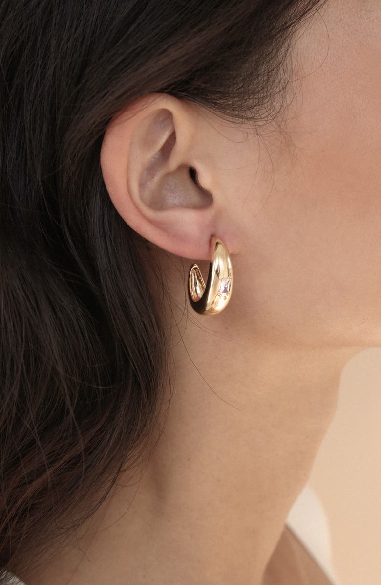 Ettika Oval Dome Cubic Zirconia Baguette Hoop Earrings, Alternate, color, Gold