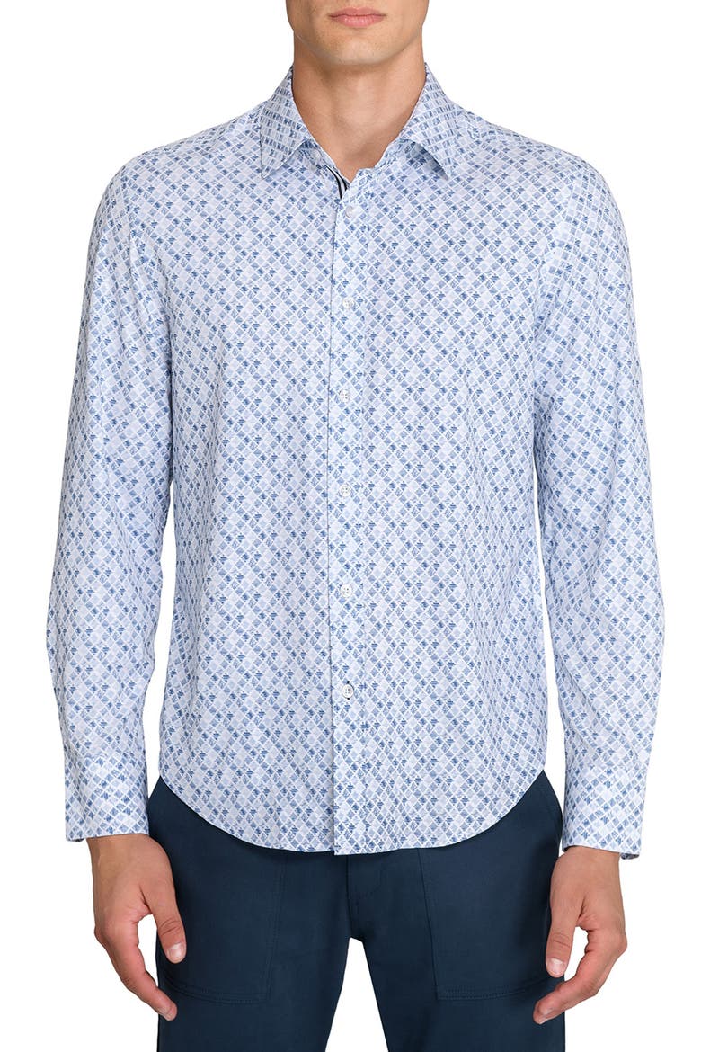 Diamond Print Woven Long Sleeve Basic, Main, color, WHITE/BLUE