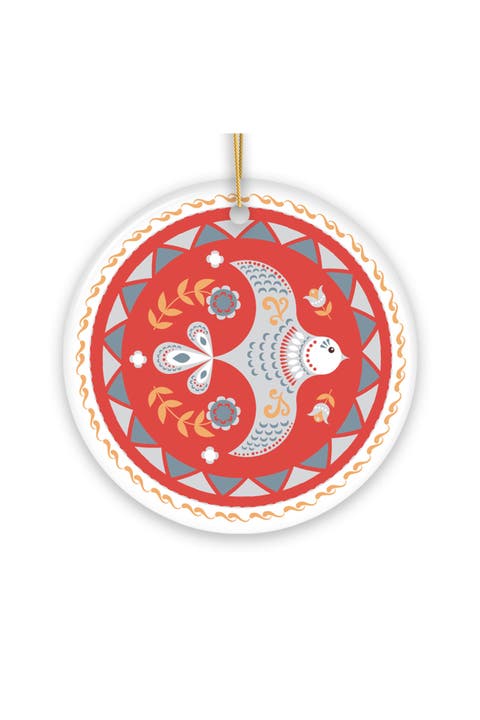 Scandinavian Folk Bird Round Ceramic Ornament
