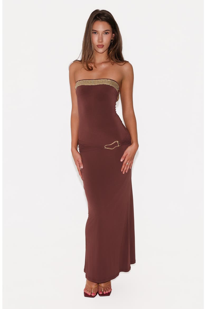 Sequin Detail Strapless Body-Con Gown, Alternate, color, CINNAMON CHOCOLATE