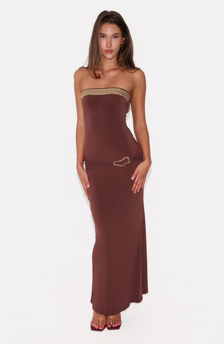 Tiger Mist Sequin Detail Strapless Body-Con Gown, Alternate, color, Cinnamon Chocolate