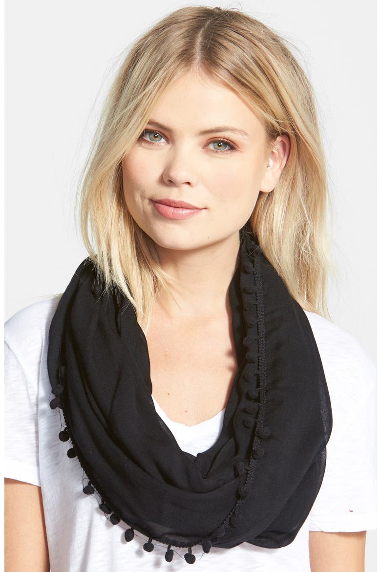 'Pom Ringer' Infinity Scarf, Main, color, BLACK