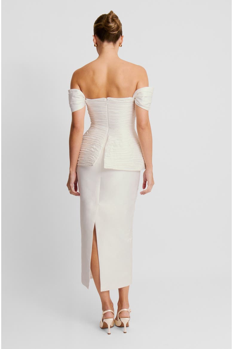 Gathered Bardot Peplum Midi Dress, Alternate, color, White