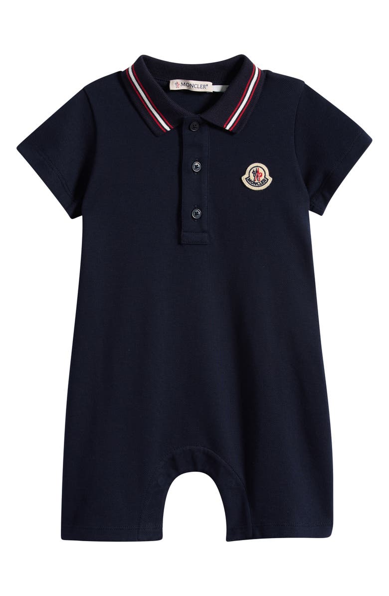 Moncler Stretch Cotton Piqué Polo Romper, Main, color, Navy Blue