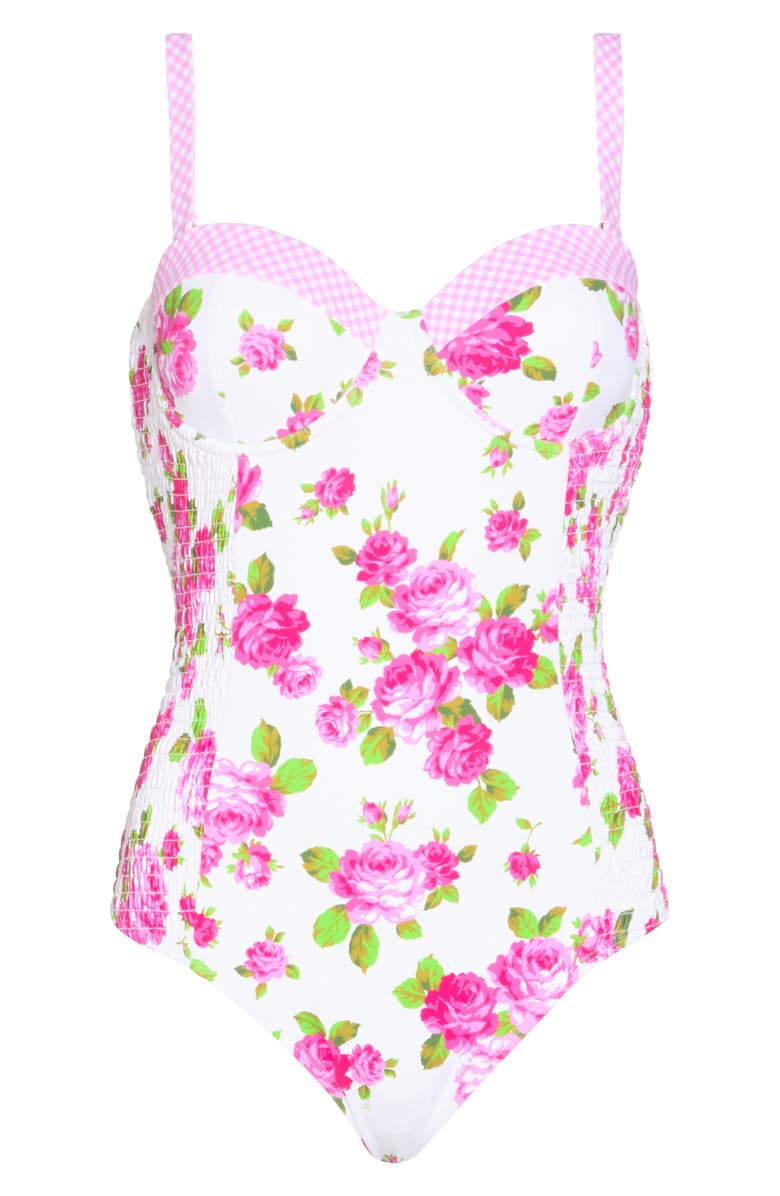 Betsey Johnson Smocked Corset One-Piece Swimsuit, Alternate, color,