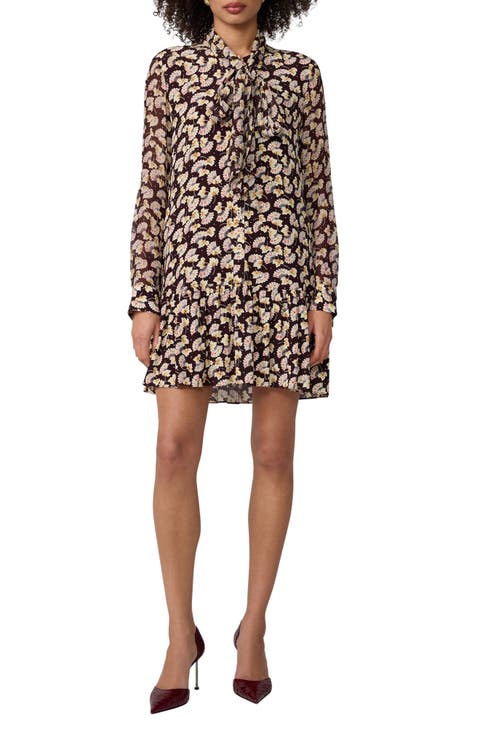 Indigo Fan Print Tie Neck Minidress