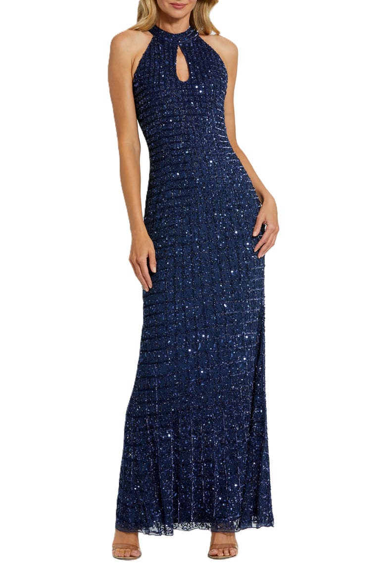 Embellished Halter Neck Keyhole Gown, Alternate, color, Midnight