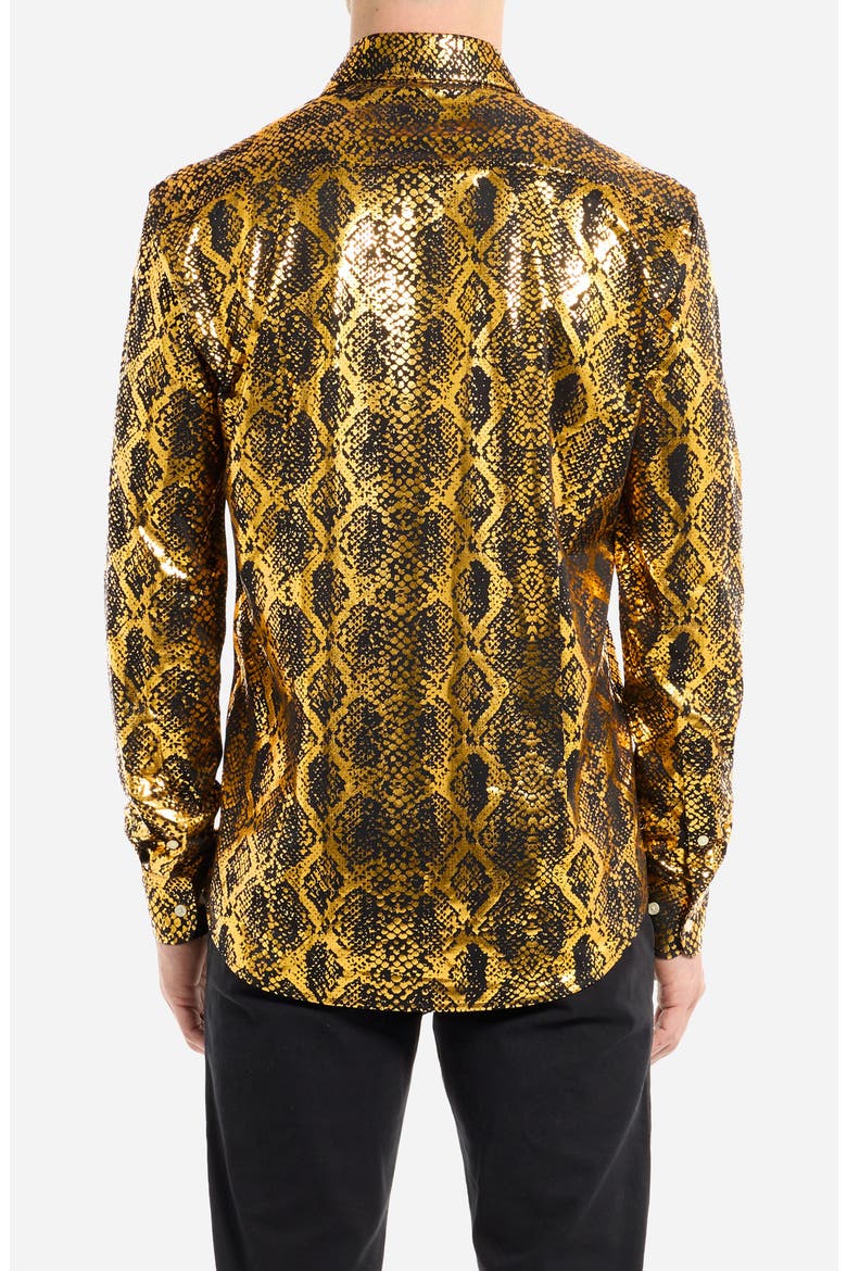 Modern Tailored Fit Shiny Snake Wrinkle Resistant Button-Up Shirt, Alternate, color, GOLD