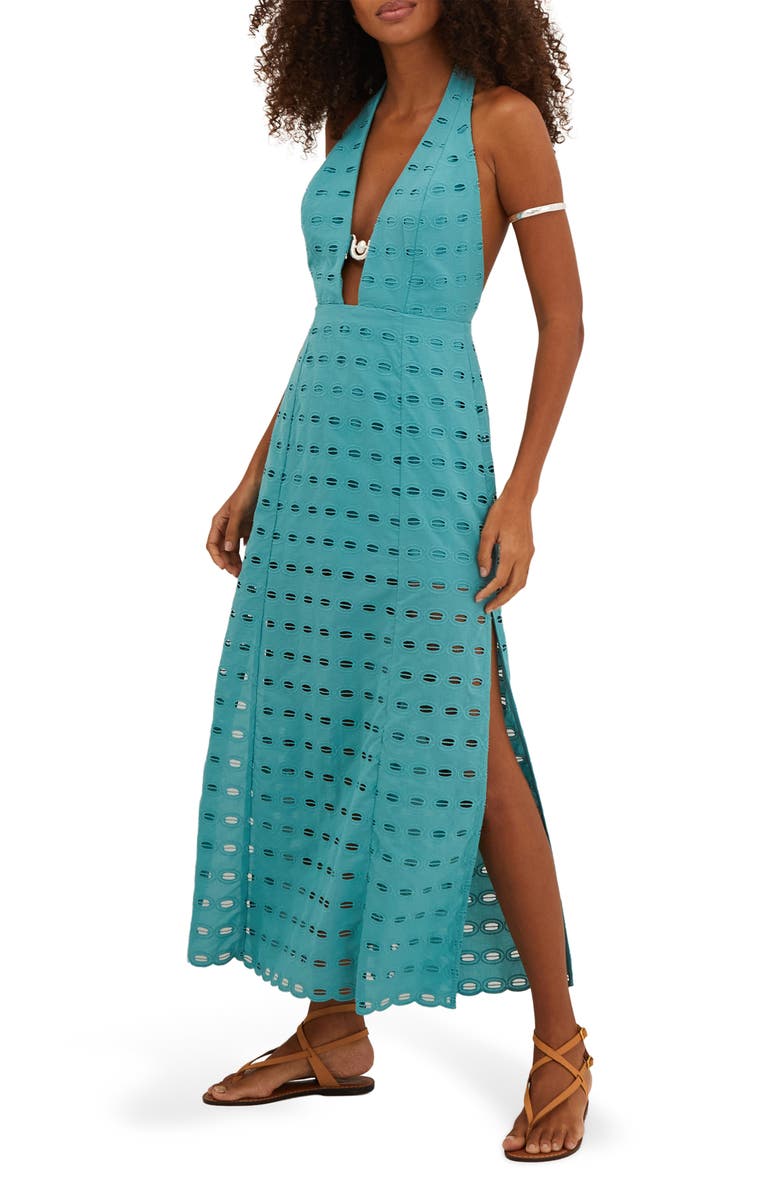 ViX Paula Hermanny Maryse Embroidered Eyelet Cotton Cover-Up Maxi Dress, Main, color, 