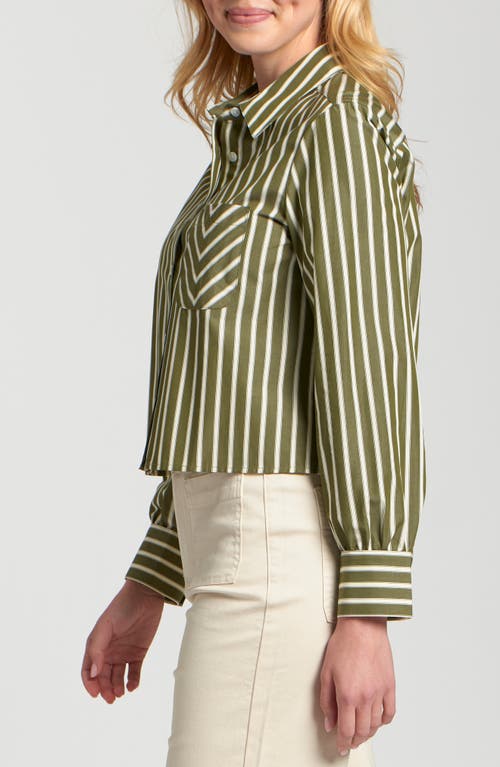 Apny Stripe Cotton Blend Crop Button-up Shirt In Green