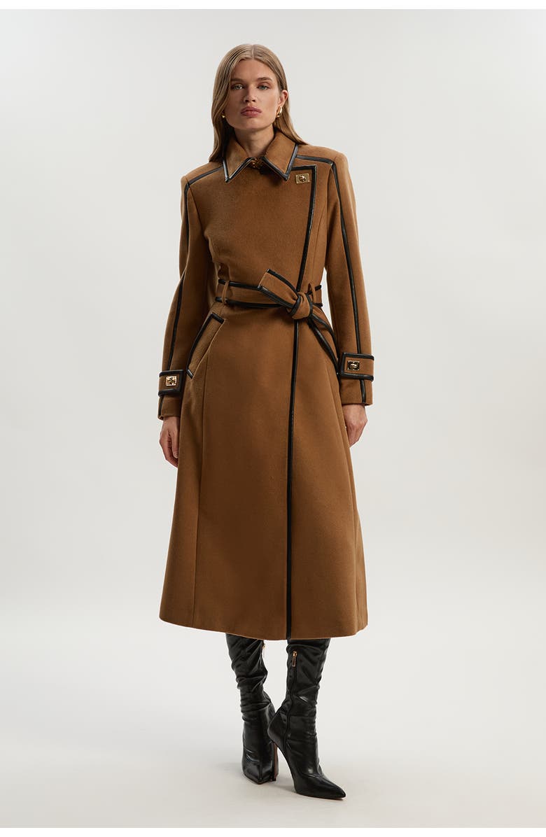 Karen Millen Wool PU Belted Midi Coat, Main, color, Camel