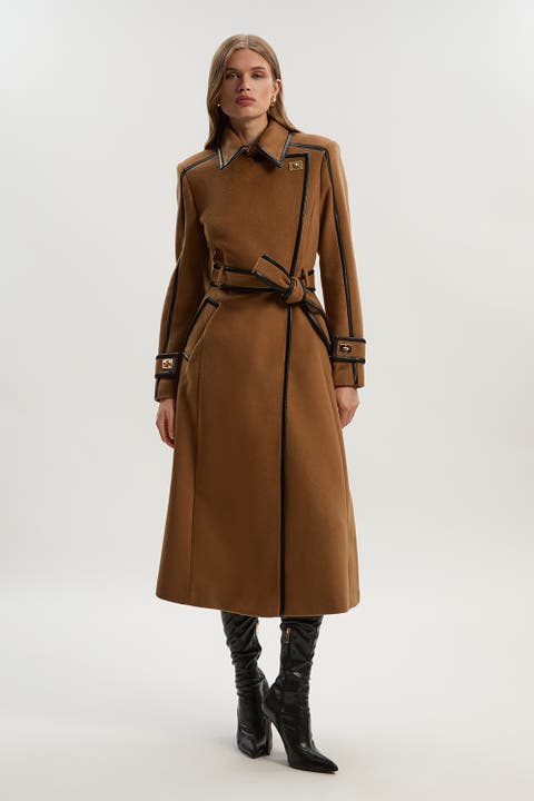 Wool PU Belted Midi Coat