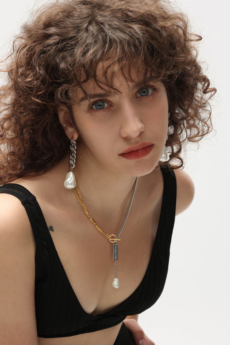 Two-Tone Chain Baroque Pearl Necklace, Alternate, color, Gold