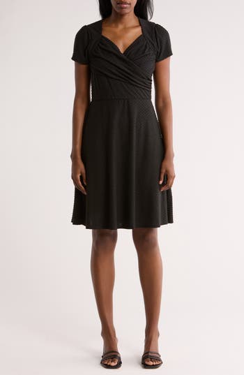 Loveappella Swiss Dot Short Sleeve Fit & Flare Dress In Black
