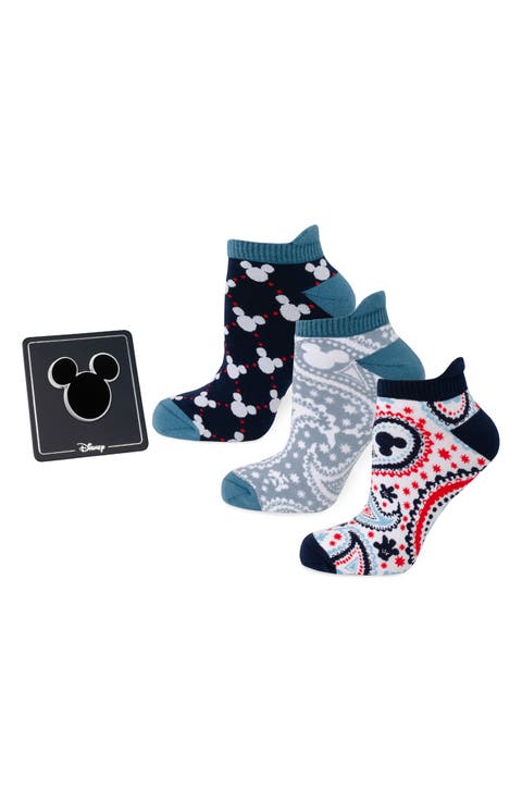 3-Pack Assorted Mickey Mouse Ankle Socks & Lapel Pin Set