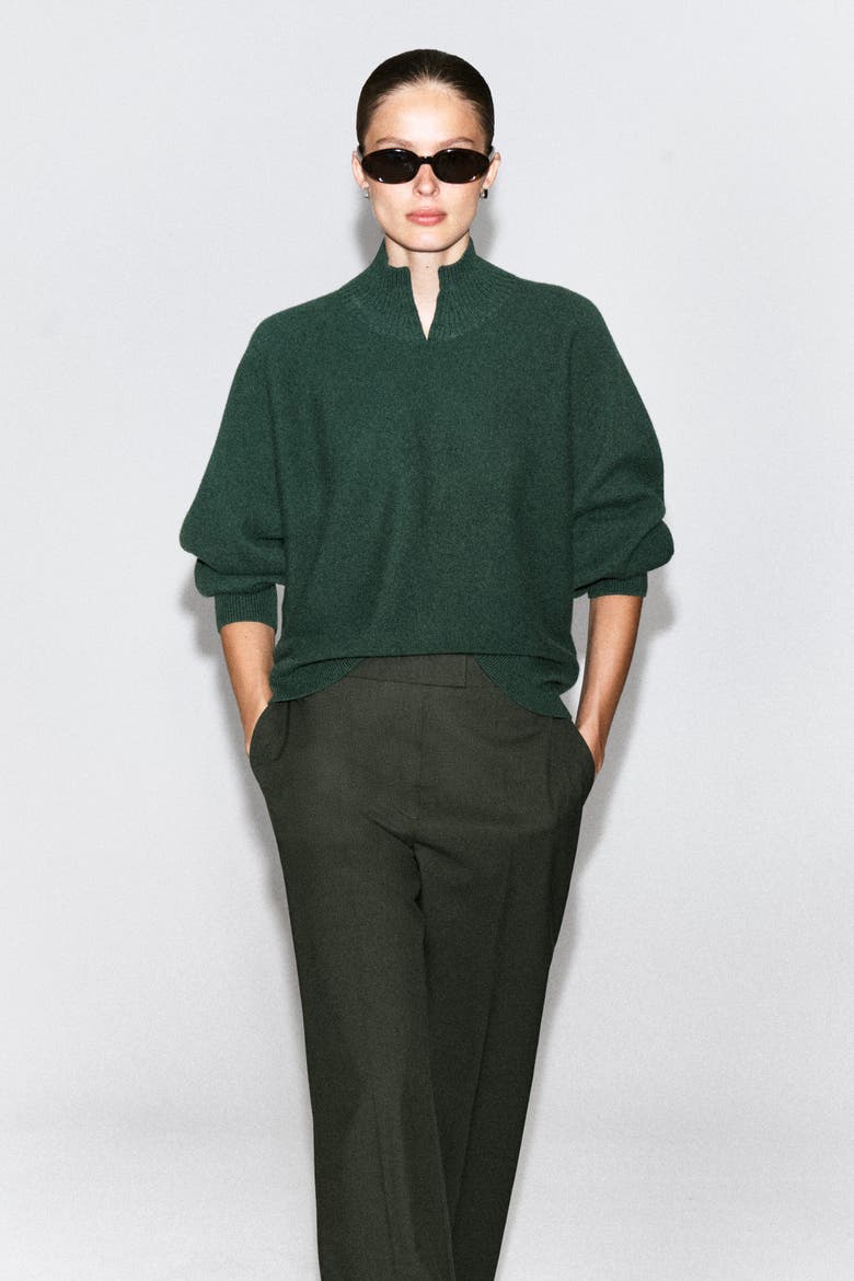 V-Detail Boiled-Wool Mock-Neck Sweater, Main, color, FOREST GREEN