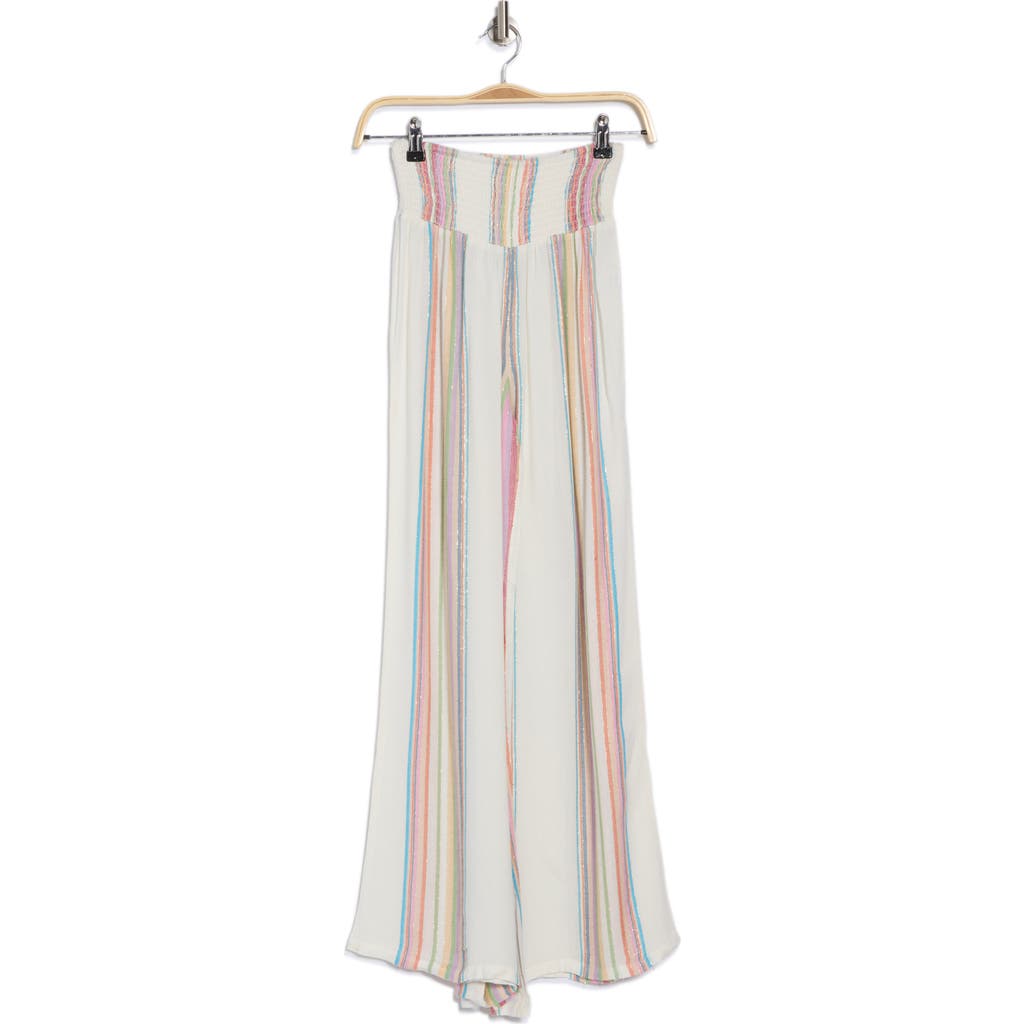 Elan Stripe Smocked Waist Flare Leg Cover-up Pants In White Multi Stripe