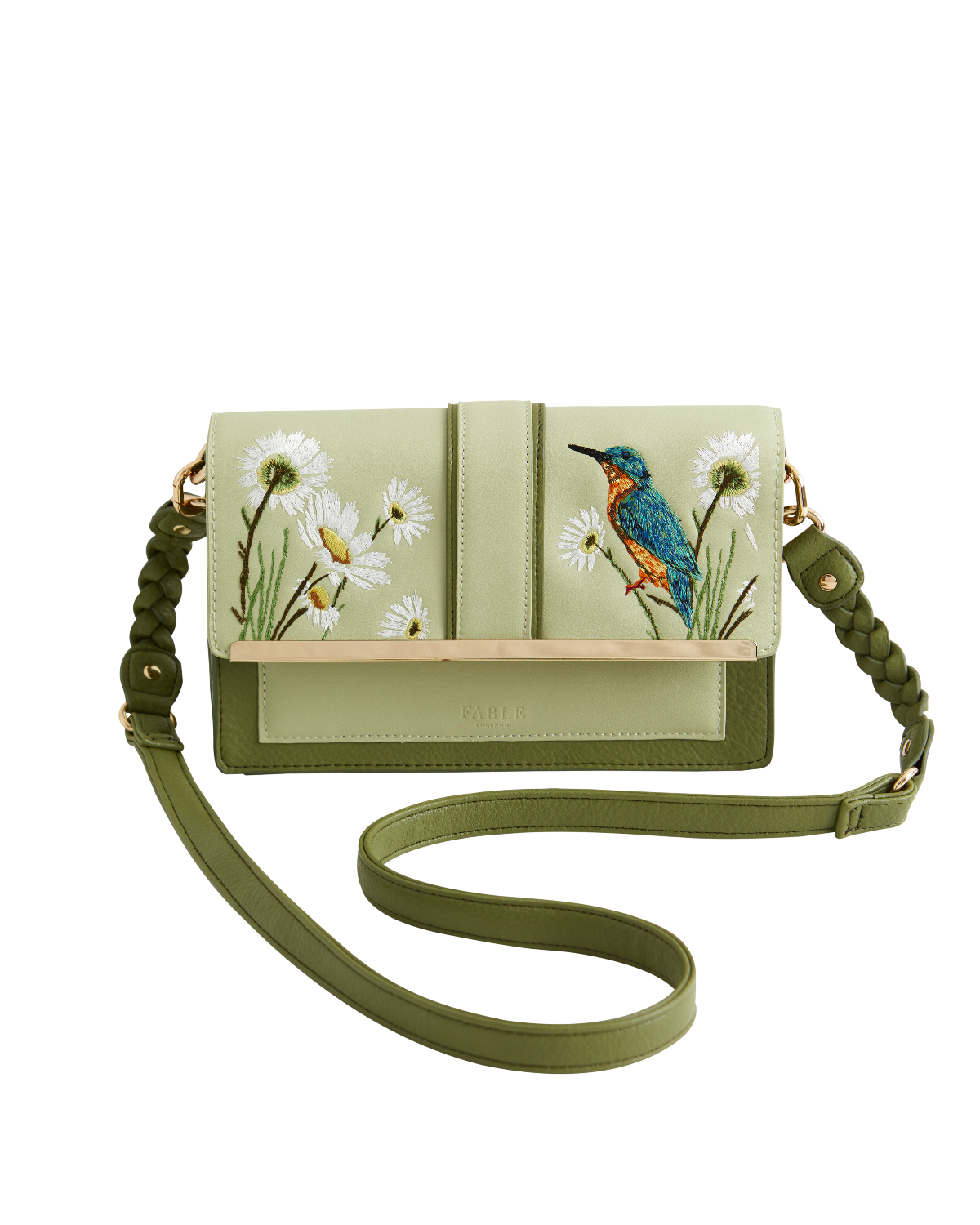 Fable England Embroidered Kingfisher Cross Body Bag, Main, color, Pastel Green