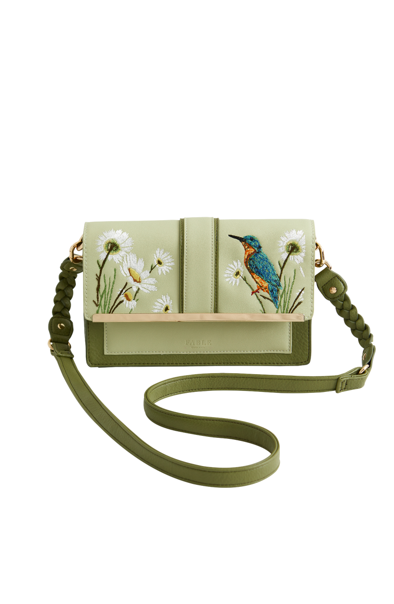 Fable England Embroidered Kingfisher Cross Body Bag, Main, color, Pastel Green