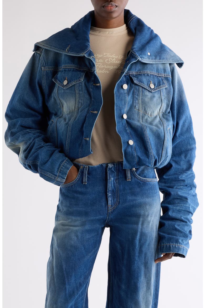 Orim Ruched Sleeve Denim Jacket, Main, color, MID BLUE