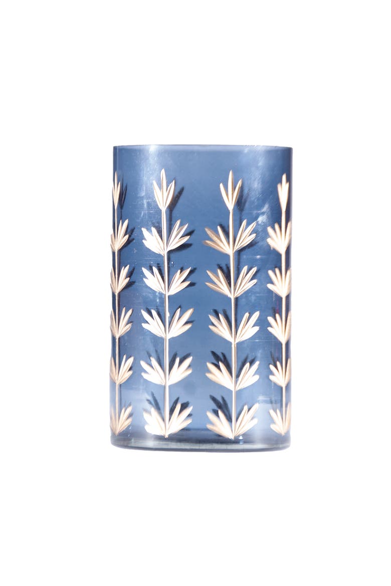 Hand-Painted Cut Glass Candle Holder/Vase with Botanical Design, Navy Color and Gold Finish, Main, color, Navy