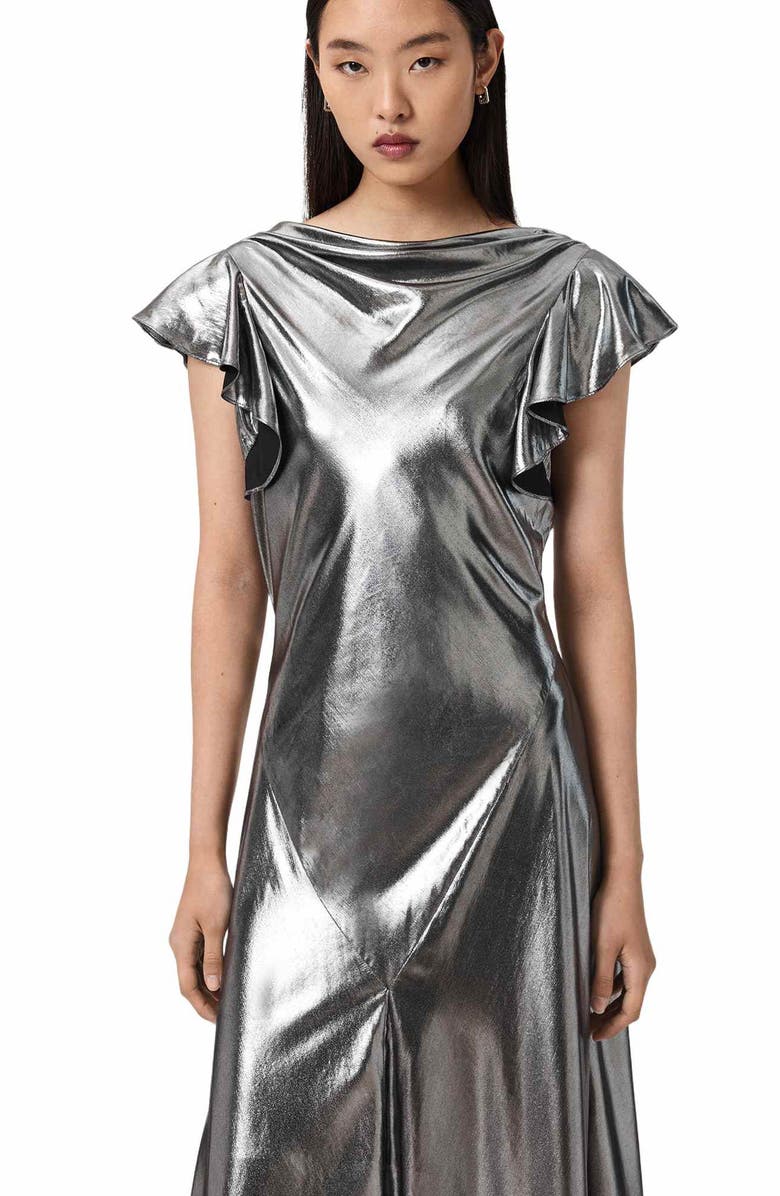 AllSaints Flora Metallic Cowl Neck Maxi Dress, Alternate, color, Metallic Silver