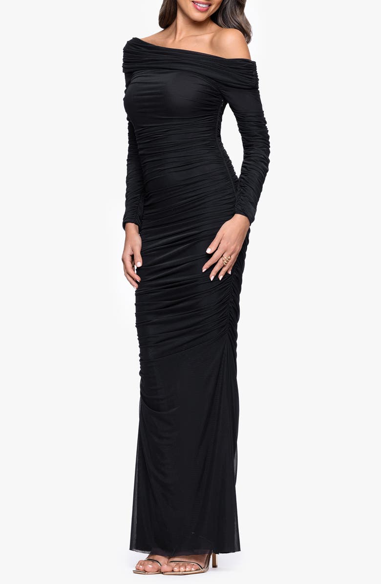 Betsy & Adam Ruched One-Shoulder Long Sleeve Mesh Gown, Alternate, color, Black
