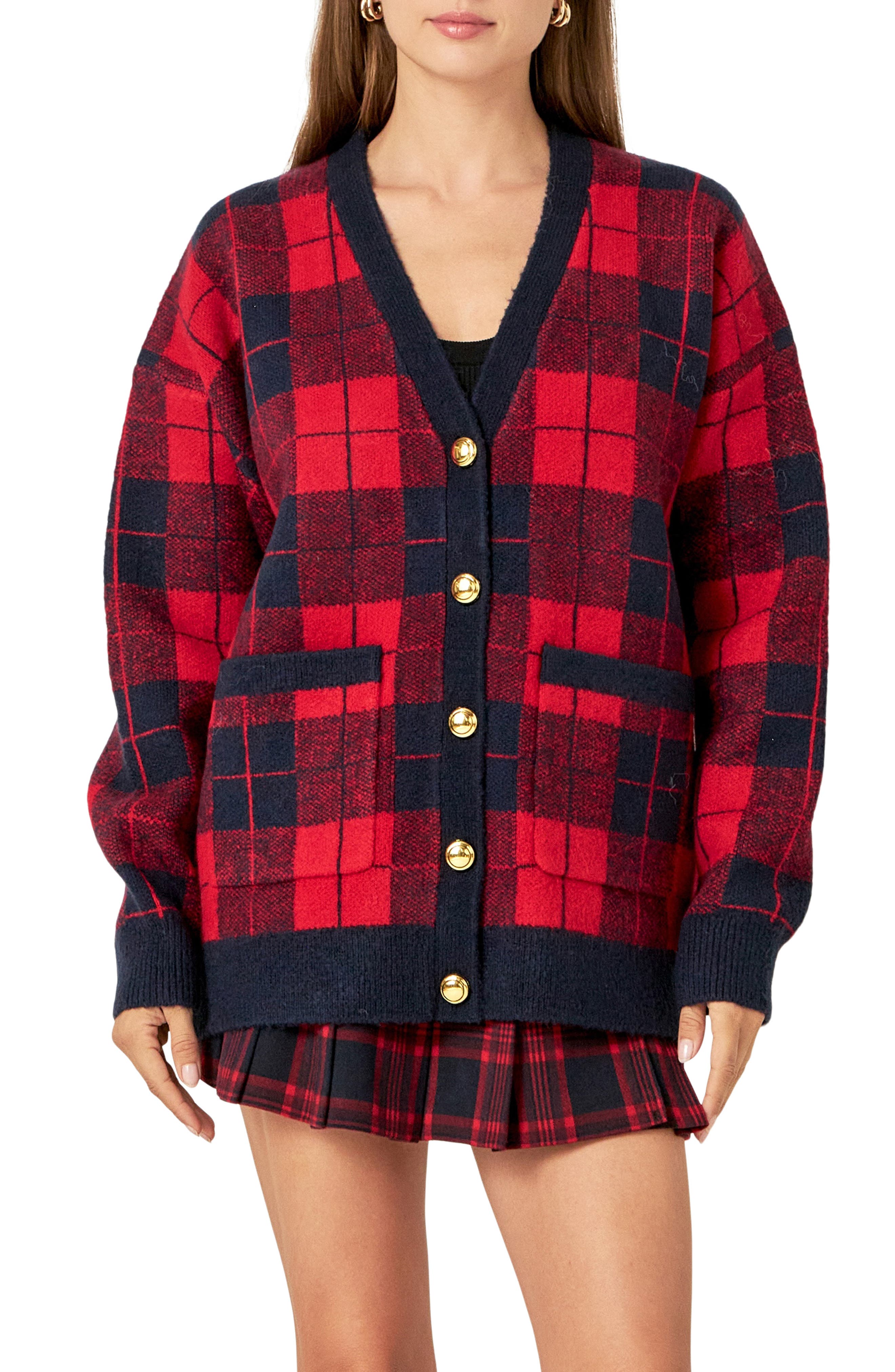 English Factory Oversize Check Cardigan in Red Multi 