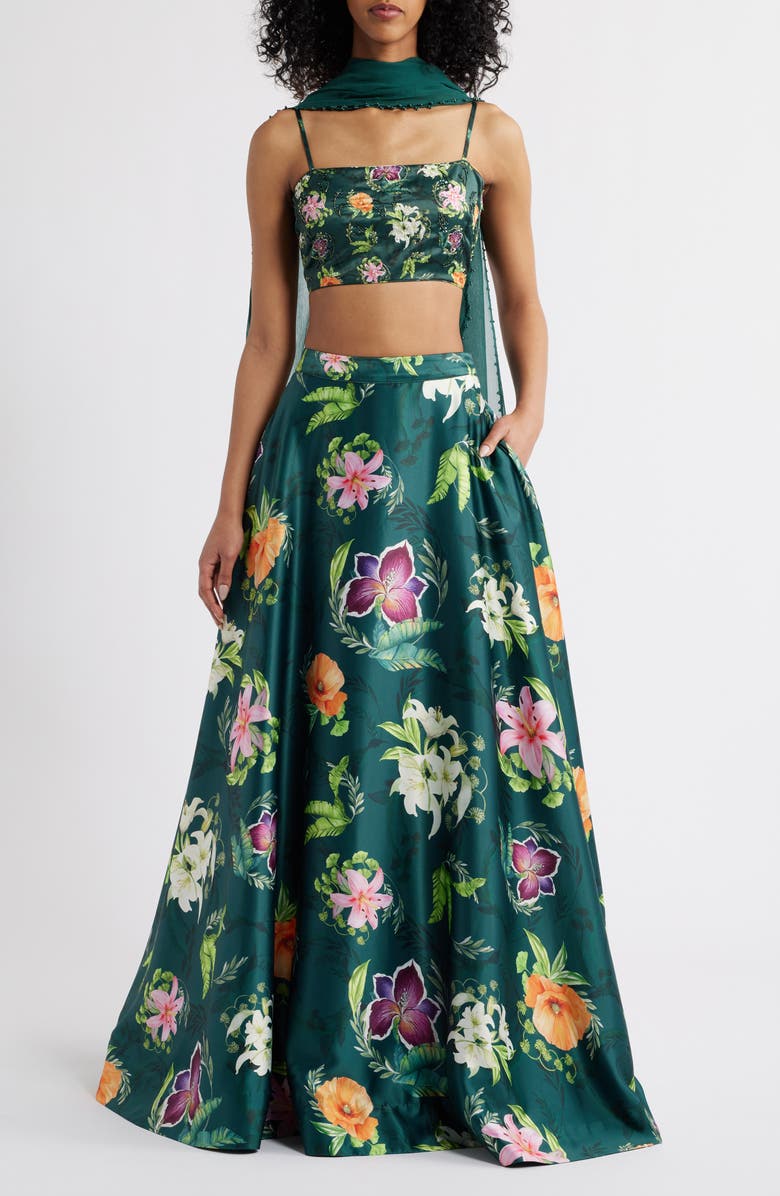 Sani Cai Floral Embroidered Lehenga with Bead Detail Dupatta, Main, color, Emerald Garden