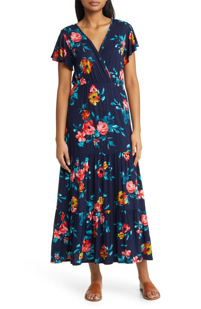 Loveappella Floral Tiered Faux Wrap Knit Maxi Dress, Main, color, Navy/ Coral