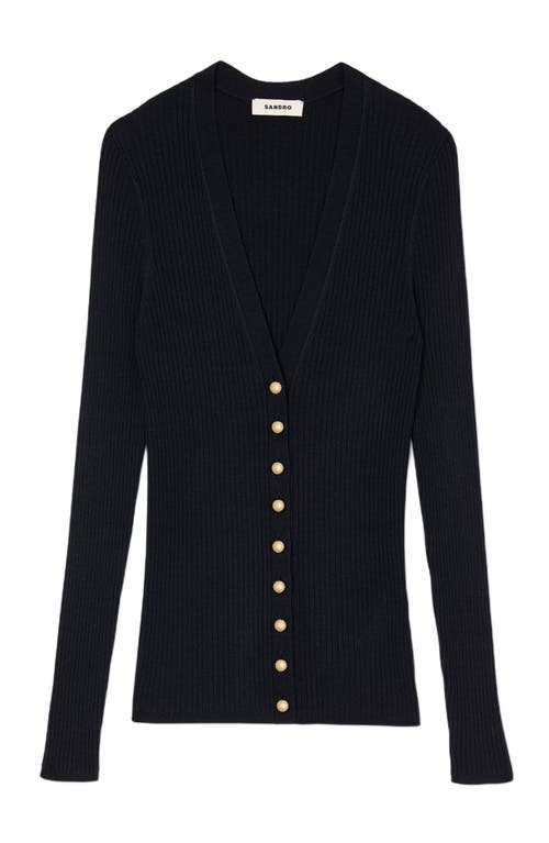Sandro Gabrielle Ribbed Cardigan In Navy Blue