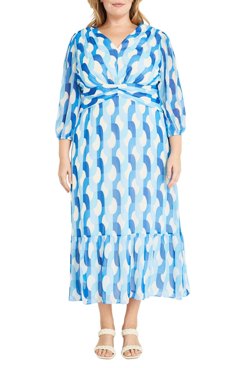 Three Quarter Sleeve Midi Dress, Main, color, CREAM/ POWDER BLUE