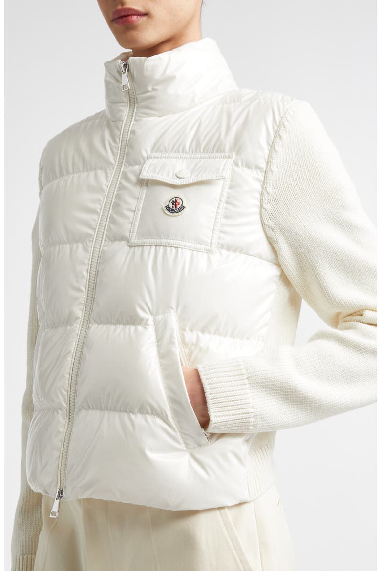 Mixed Media Quilted Down Puffer Cardigan, Alternate, color, SILK WHITE