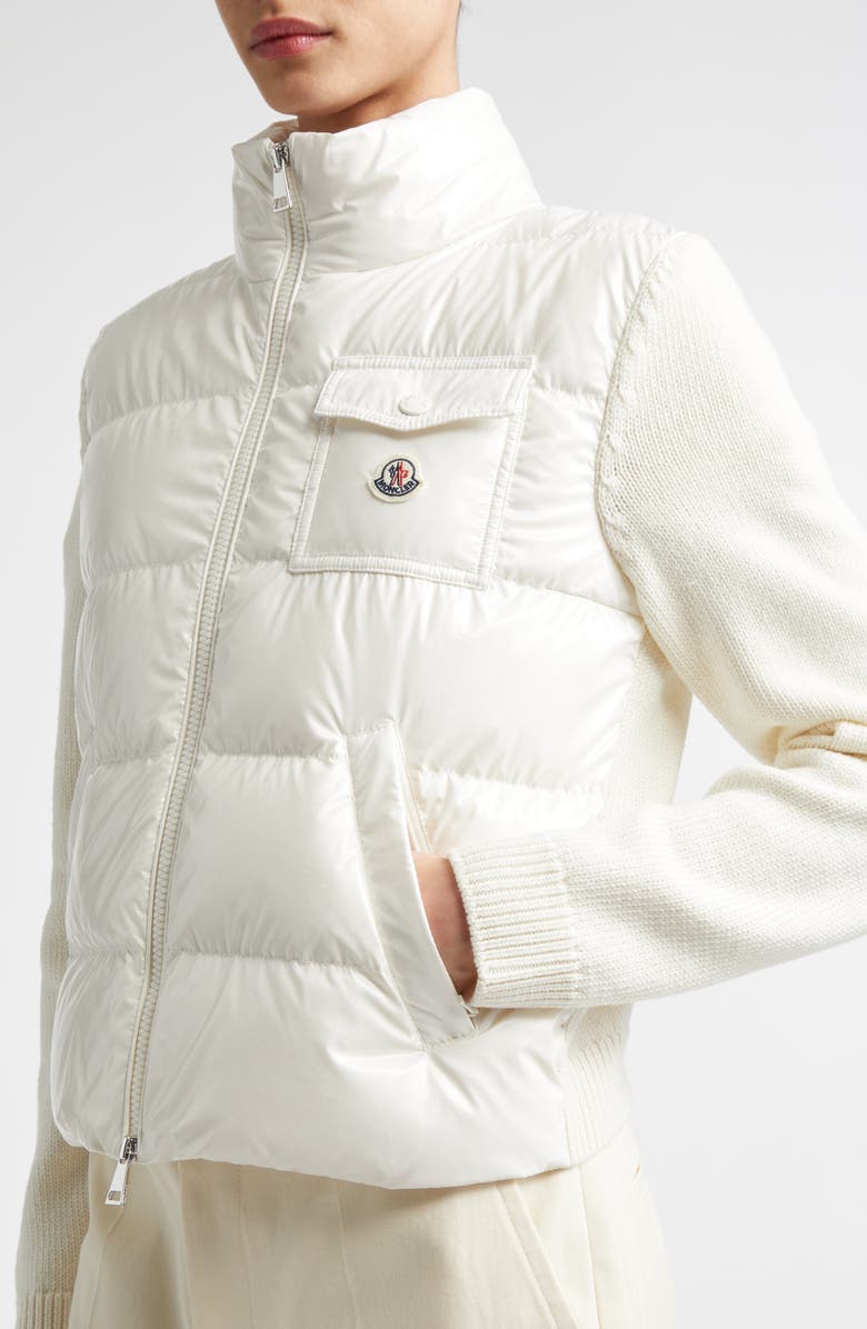 Moncler Mixed Media Quilted Down Puffer Cardigan, Alternate, color, Silk White
