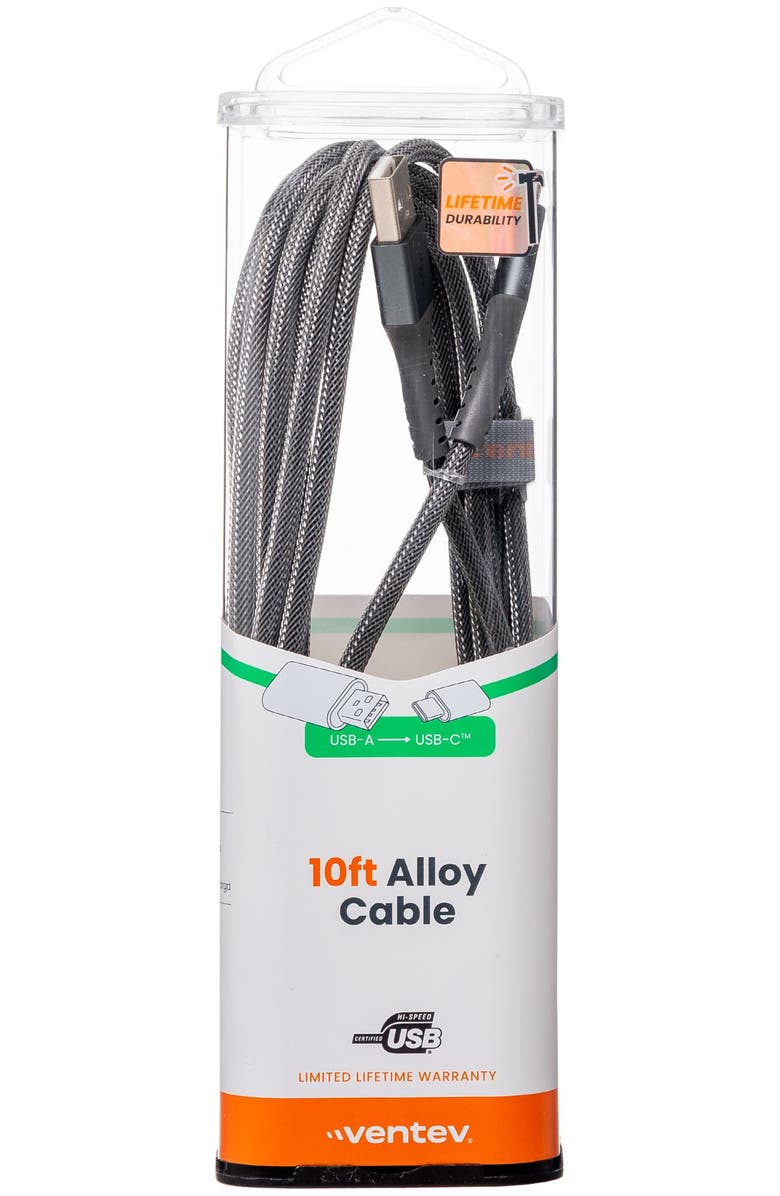 Ventev Alloy USB-A to USB-C High Speed Ultradurable 10 Foot Cable, Alternate, color, Silver