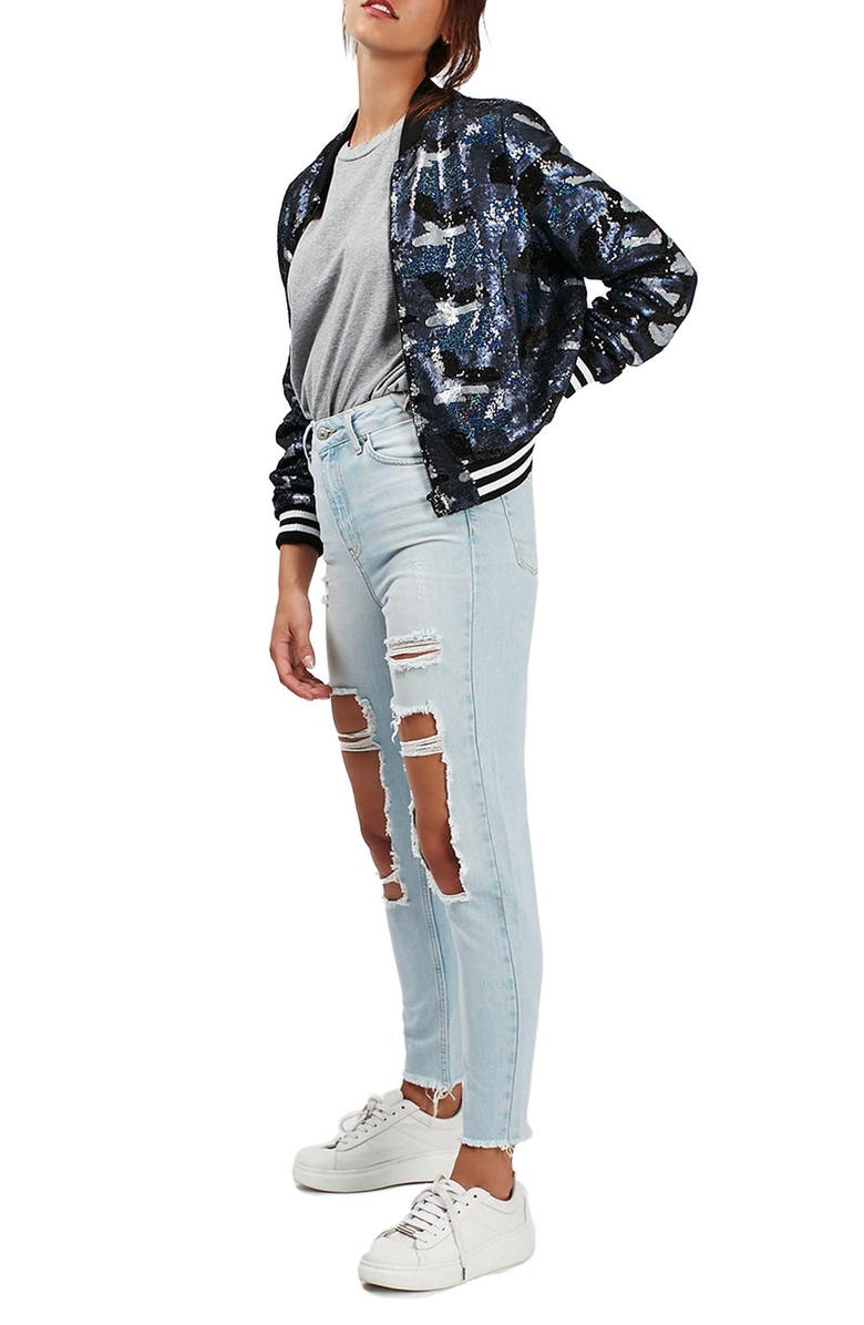 Topshop Camo Sequin Bomber Jacket, Alternate, color,