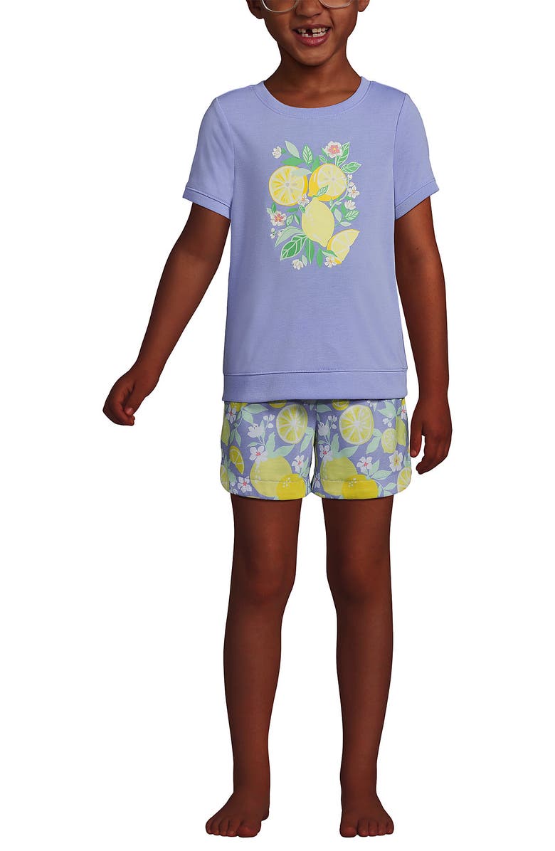 Lands' End Girls Short Sleeve Tee and Shorts Pajama Set, Main, color, Light Periwinkle Lemon Floral