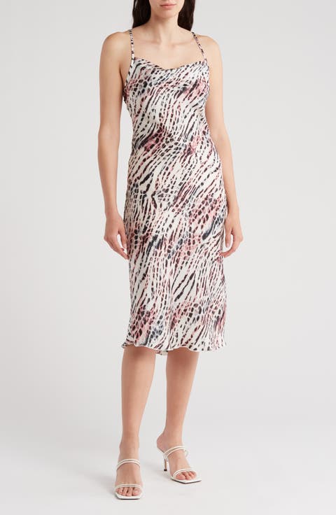 Printed Satin Bias Midi Dress