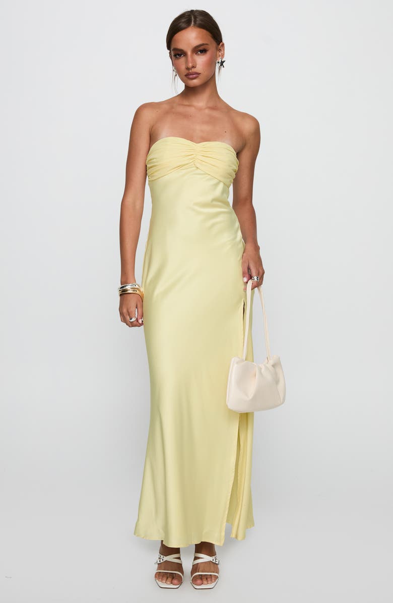 Princess Polly Chevalier Strapless Stretch Satin Maxi Cocktail Dress, Alternate, color, Lemon