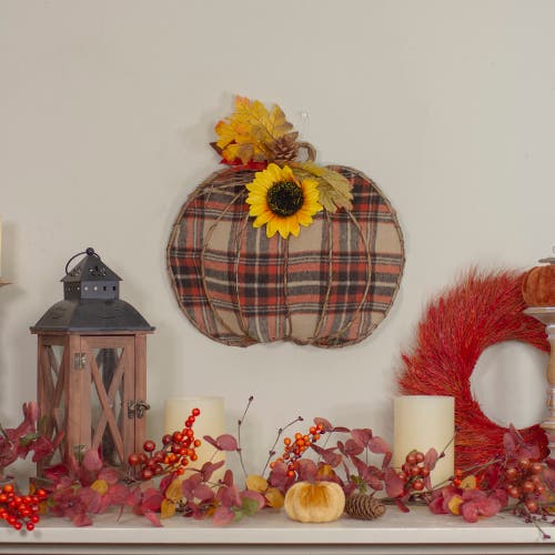 Northlight 14" Orange And Brown Plaid Fall Harvest Pumpkin Wall Decor In Multi