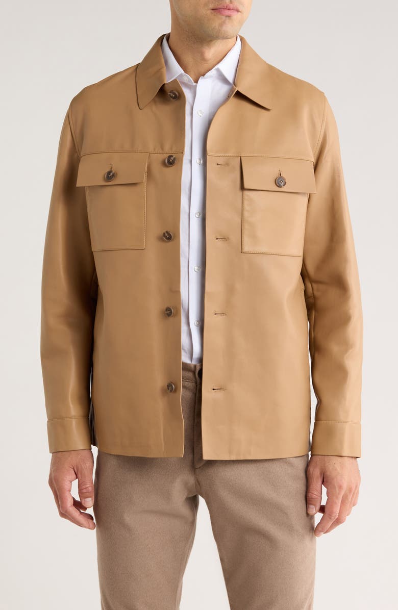 BOSS Malid Leather Button-Up Shirt Jacket, Main, color, Medium Beige