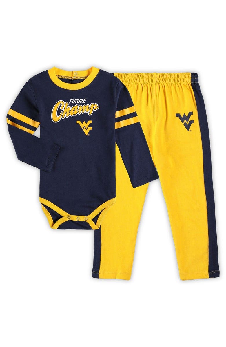Outerstuff Infant Navy/Gold West Virginia Mountaineers Little Kicker Long Sleeve Bodysuit and Sweatpants Set, Main, color, 
