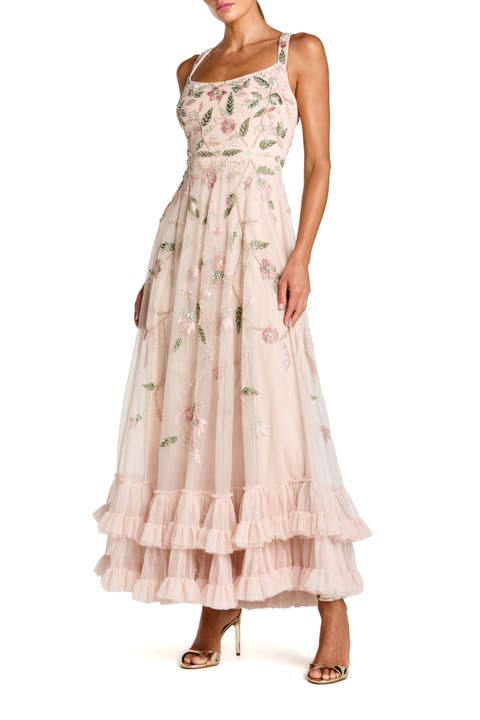 Ruffle Midi Dress with Floral Embroidery