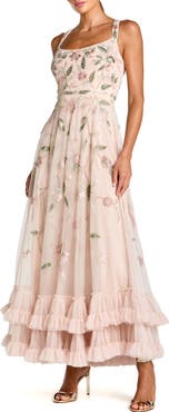 Mac Duggal Ruffle Midi Dress with Floral Embroidery