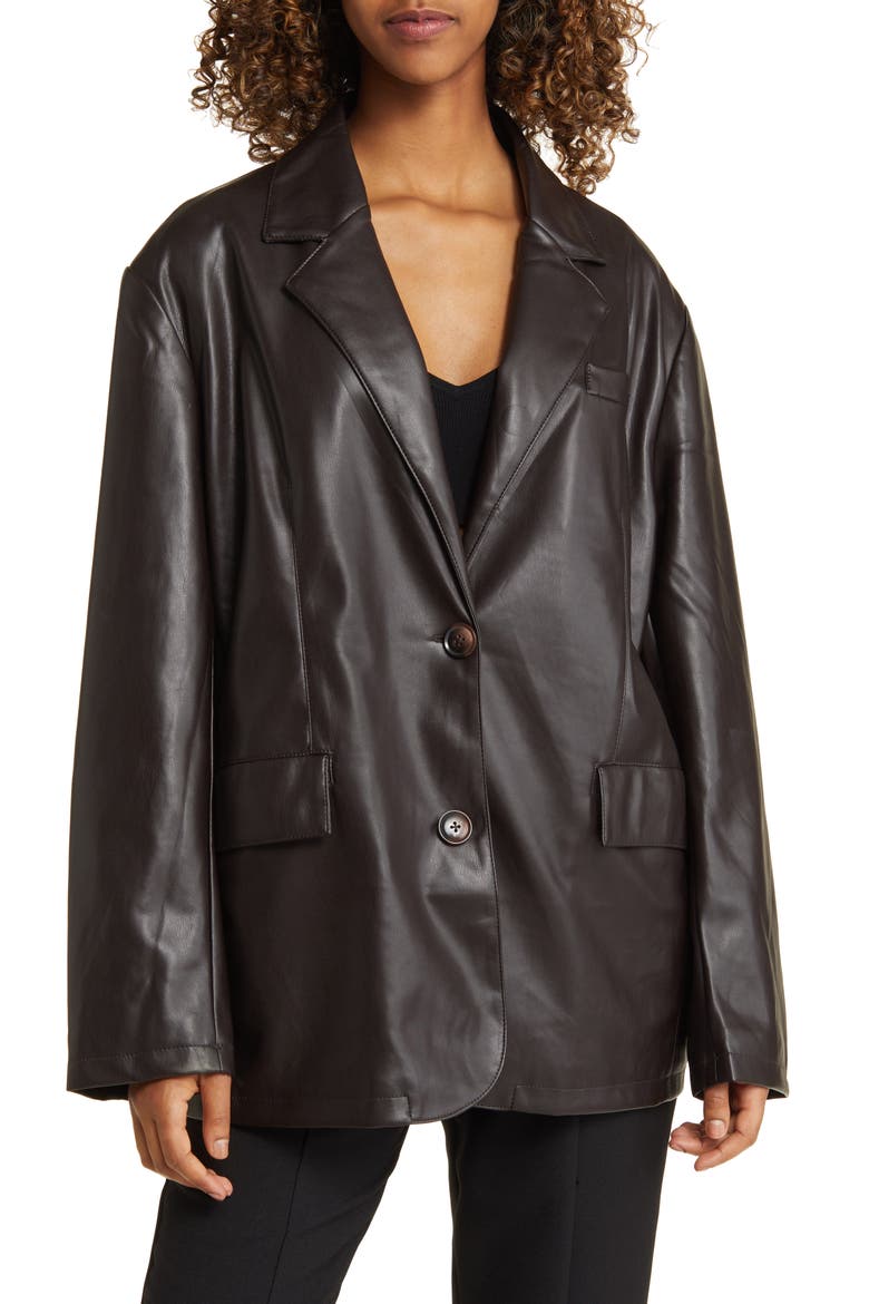Oversize Faux Leather Blazer, Alternate, color, BROWN
