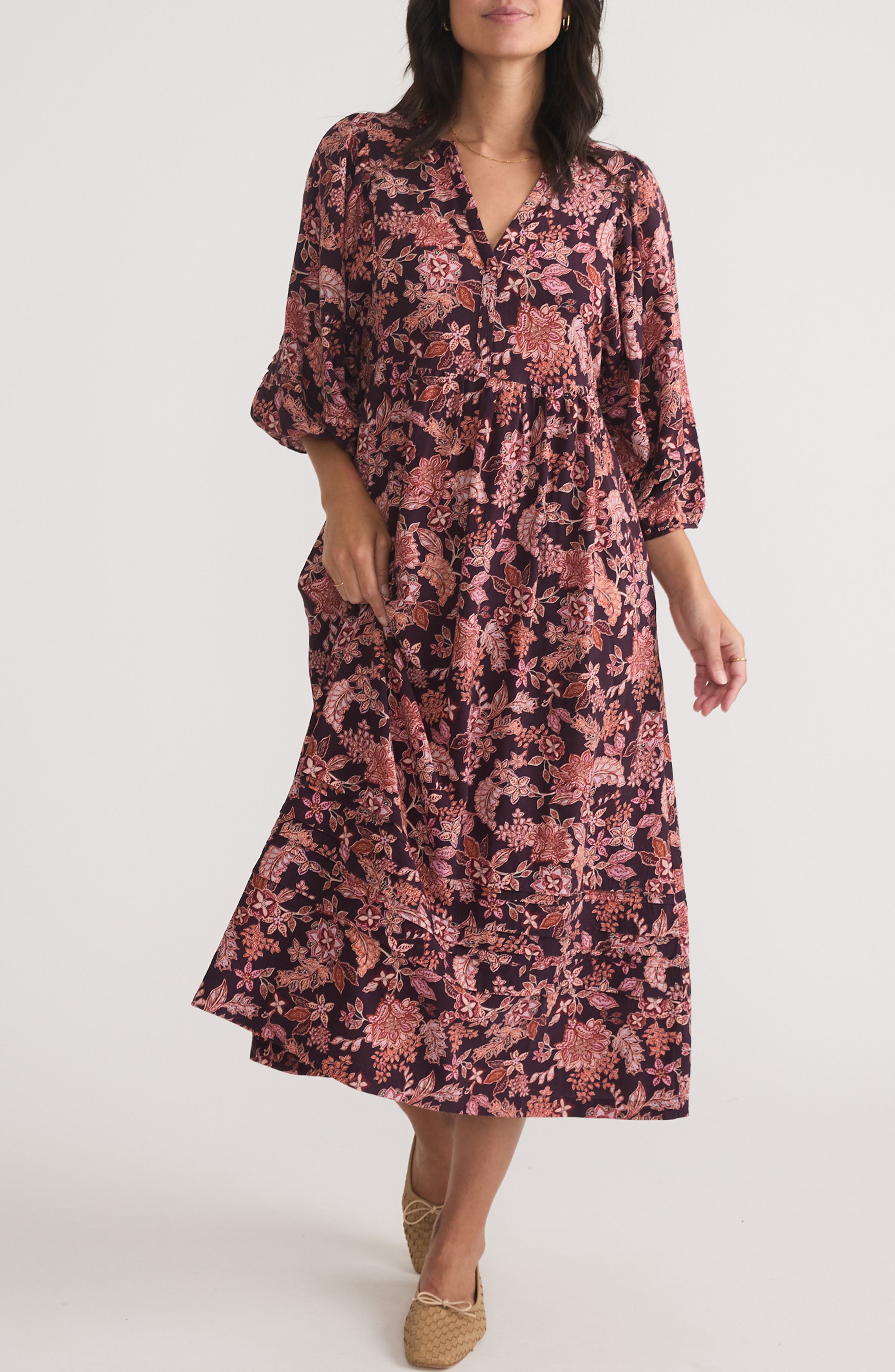 Marine Layer Lola Floral Puff Sleeve Midi Dress