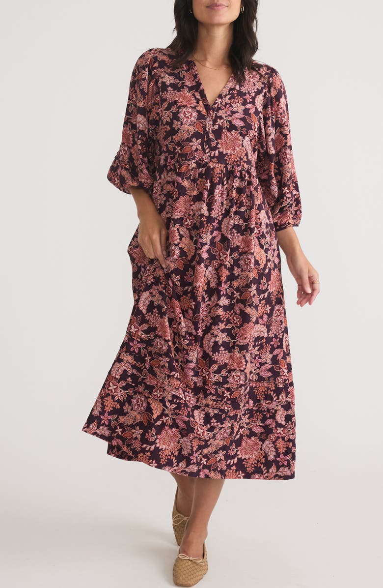 Marine Layer Lola Floral Puff Sleeve Midi Dress, Main, color, Warm Floral