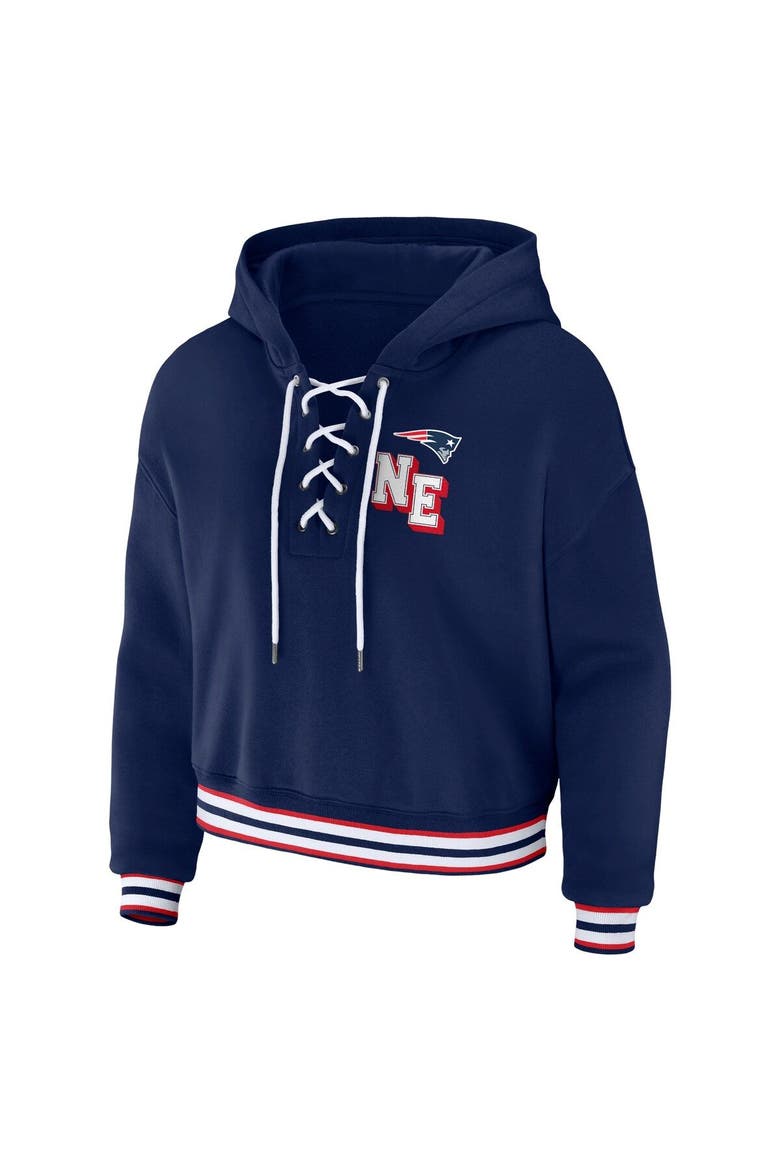 Women's WEAR by Erin Andrews Navy New England Patriots Lace-Up Pullover Hoodie, Alternate, color, Navy