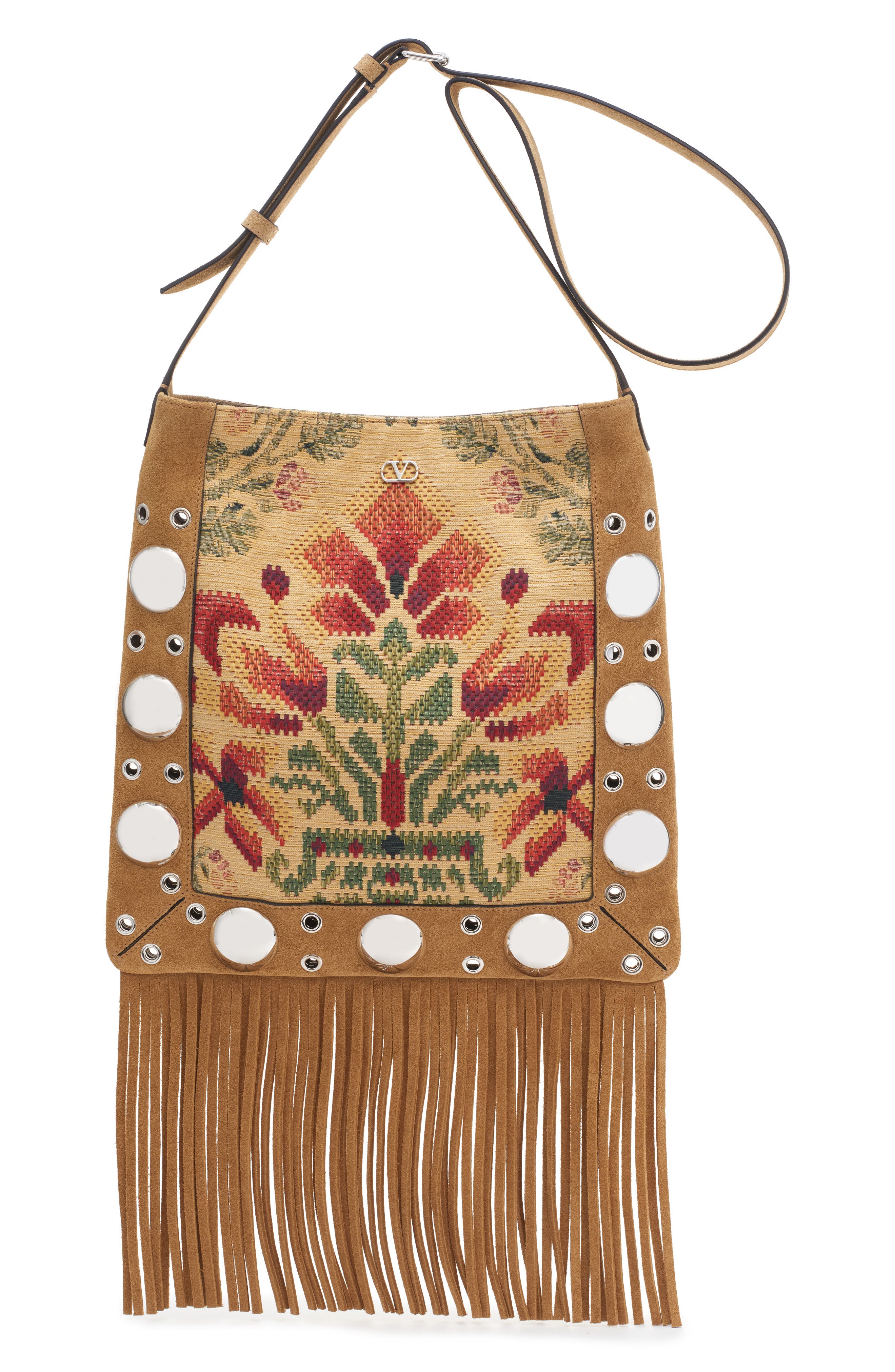 Valentino Garavani Nellcôte Embroidered Fringe Stud Crossbody Bag, Main, color, Brown Multi